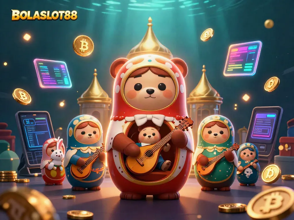 Experience BOLASLOT88 with vibrant scenes of 3D characters and crypto elements in a casino setting.