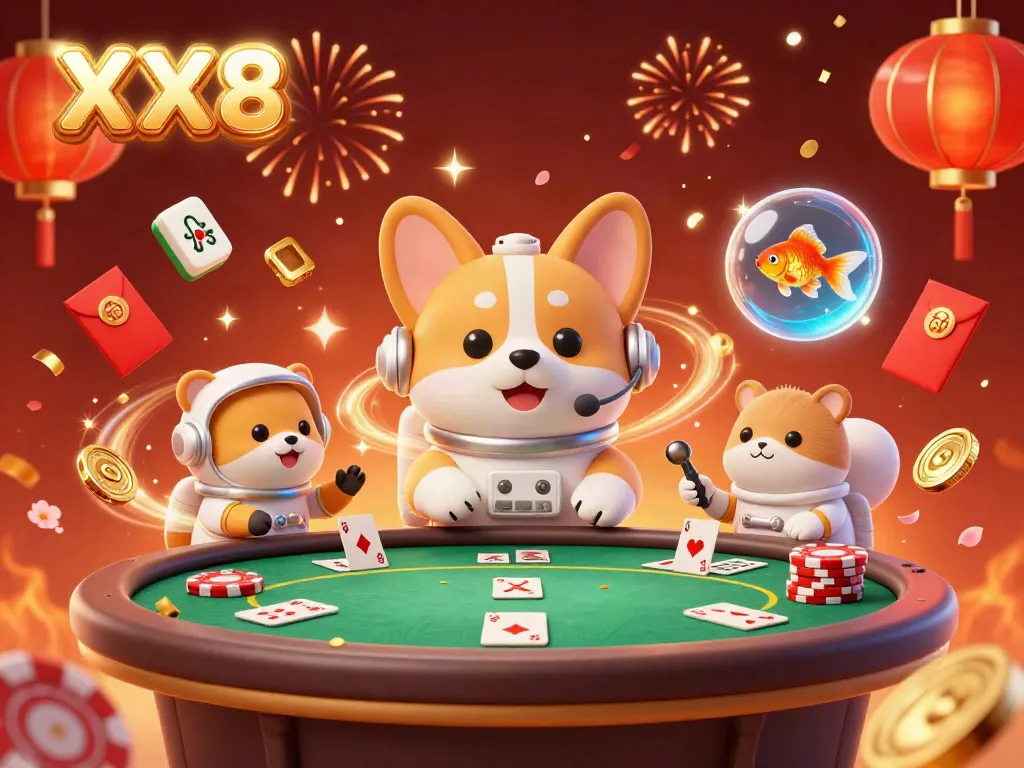 Experience the excitement of XX8 in a vibrant space-themed casino scene with charismatic characters and floating treasures.