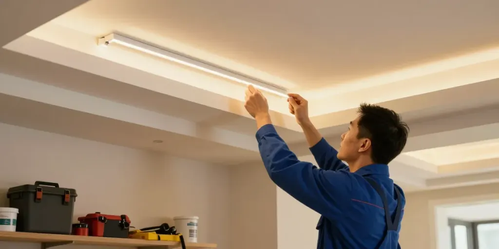 Banda LED montată profesional în locuință, lumină caldă și atmosferă primitoare.