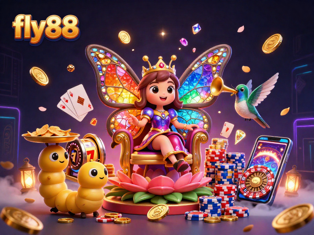 Experience the excitement of fly88 with a vibrant casino illustration featuring games, chips, and a butterfly queen.