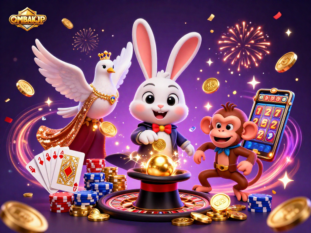 Spin to win with OMBAKJP as playful characters engage in a vibrant casino scene.