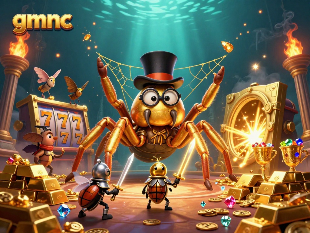 Engage in thrilling casino action with gmnc featuring a golden tarantula overseeing vibrant slot game elements.