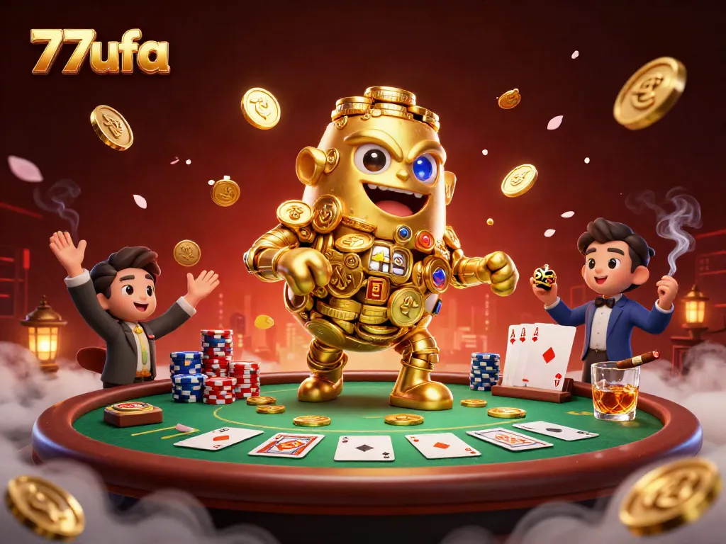 Experience thrilling gaming action with the 77ufa platform featuring vibrant casino elements and playful characters.