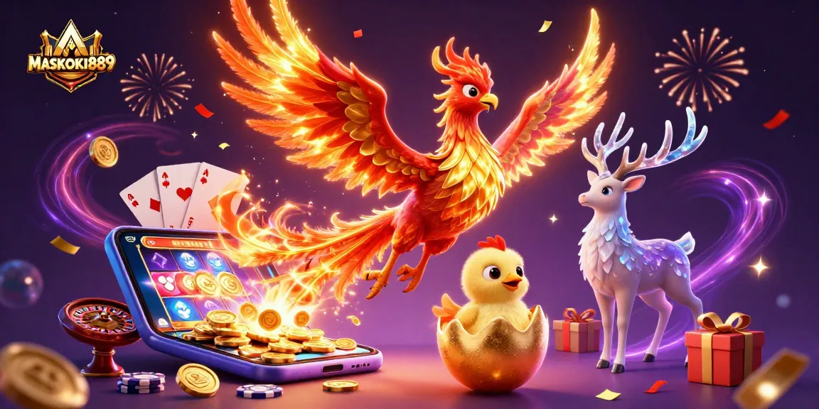 Join the excitement with MASKOKI889, featuring a dynamic phoenix scene amidst vibrant casino elements.