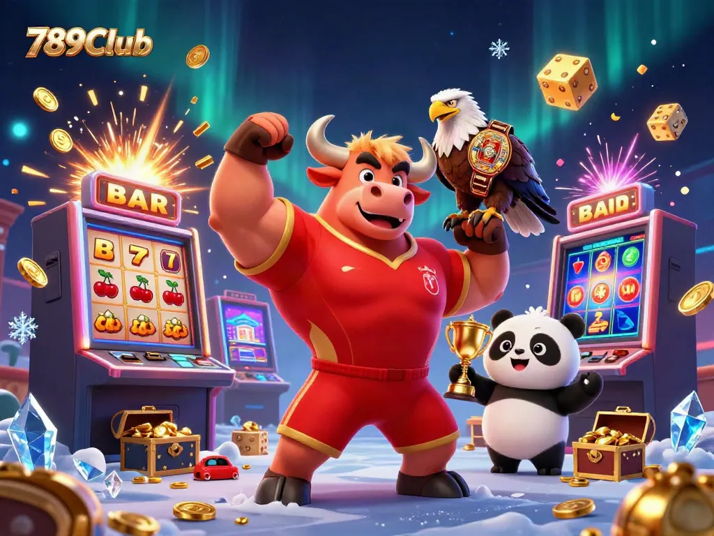 Experience excitement at 789Club with a dynamic celebration of casino games featuring mascots and high-energy elements.