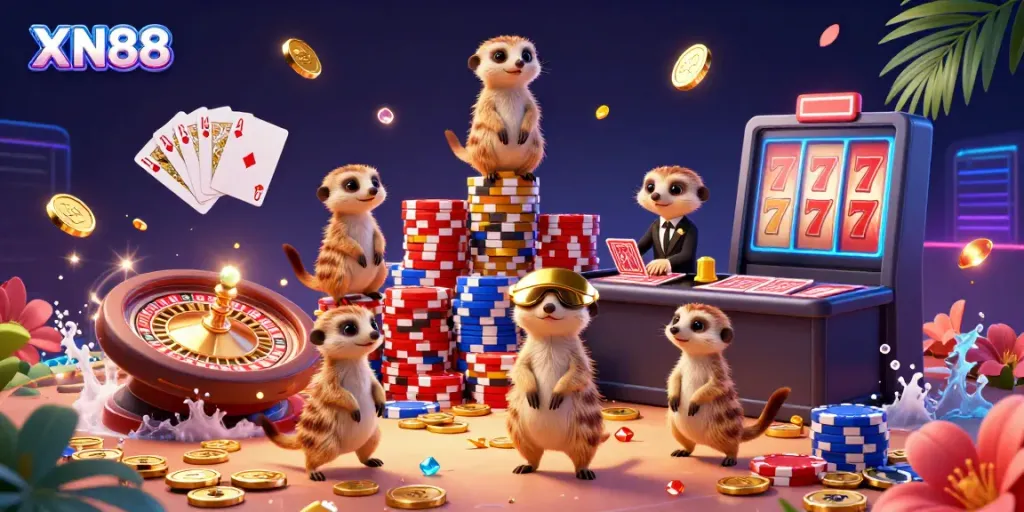 Experience dynamic gameplay at XN88 with meerkats running a vibrant casino, showcasing exciting gambling elements and smooth interaction.