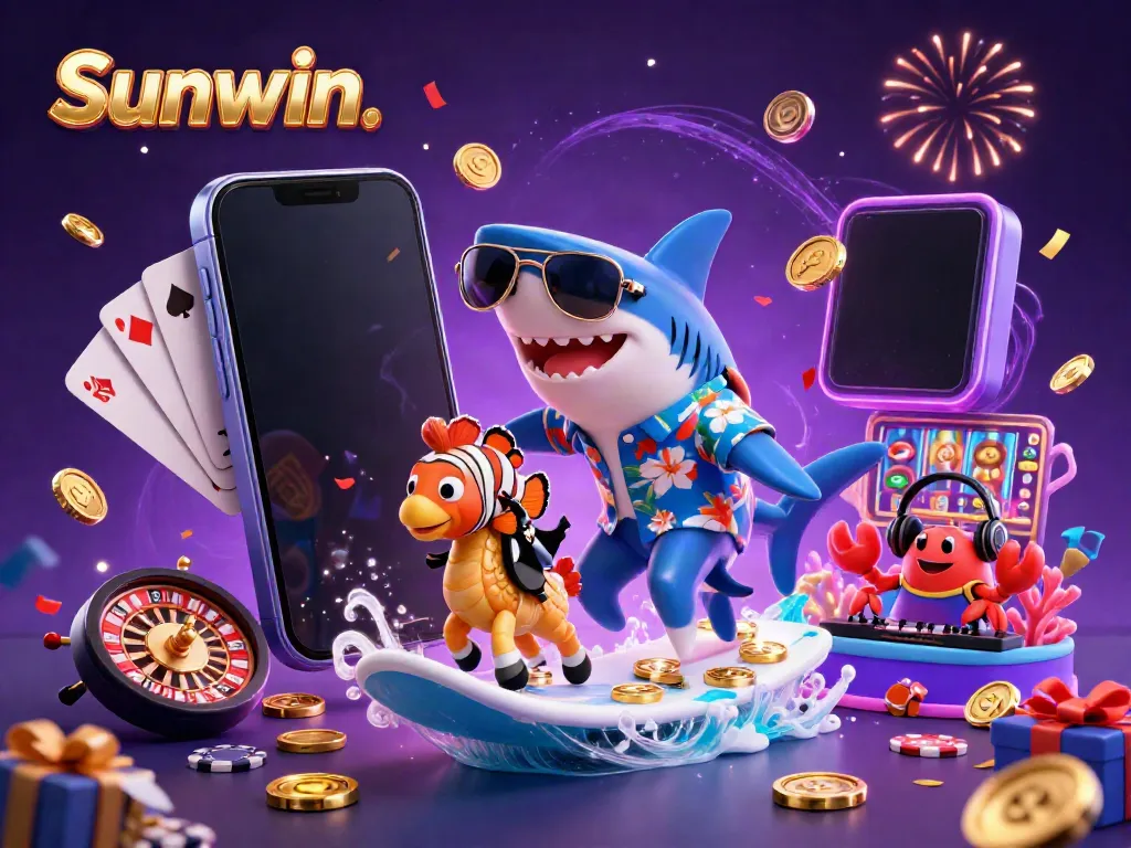 Experience the thrill of Sunwin with a vibrant scene featuring a shark, seahorse, and coral DJ amid gaming elements.