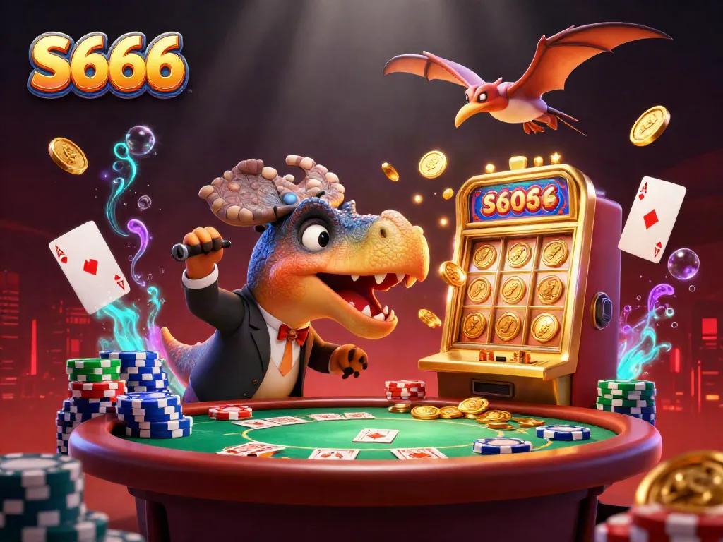 S666 brings excitement as a dinosaur heads a slot machine, capturing a cash jackpot in a vibrant casino scene.