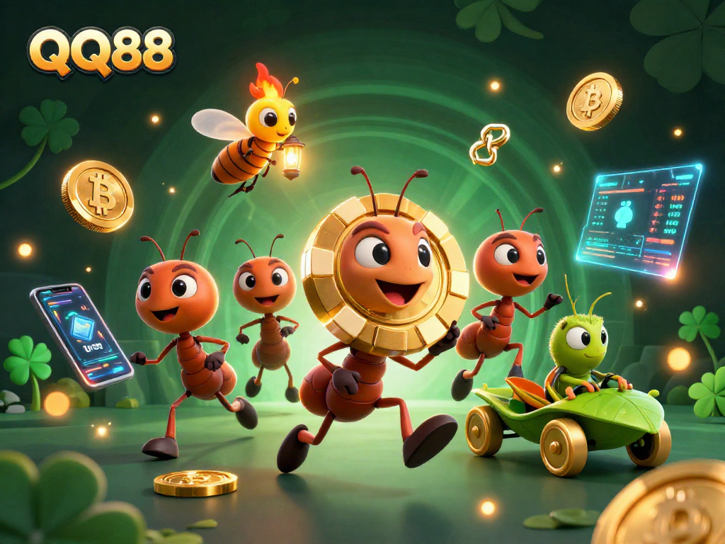 Play exciting games with QQ88 while ants carry a massive poker chip through a vibrant casino tunnel.