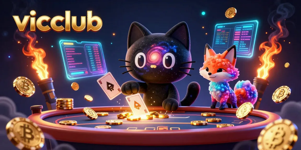 Engage in the universe of vicclub with a cosmic casino, featuring vibrant 3D characters and crypto elements.