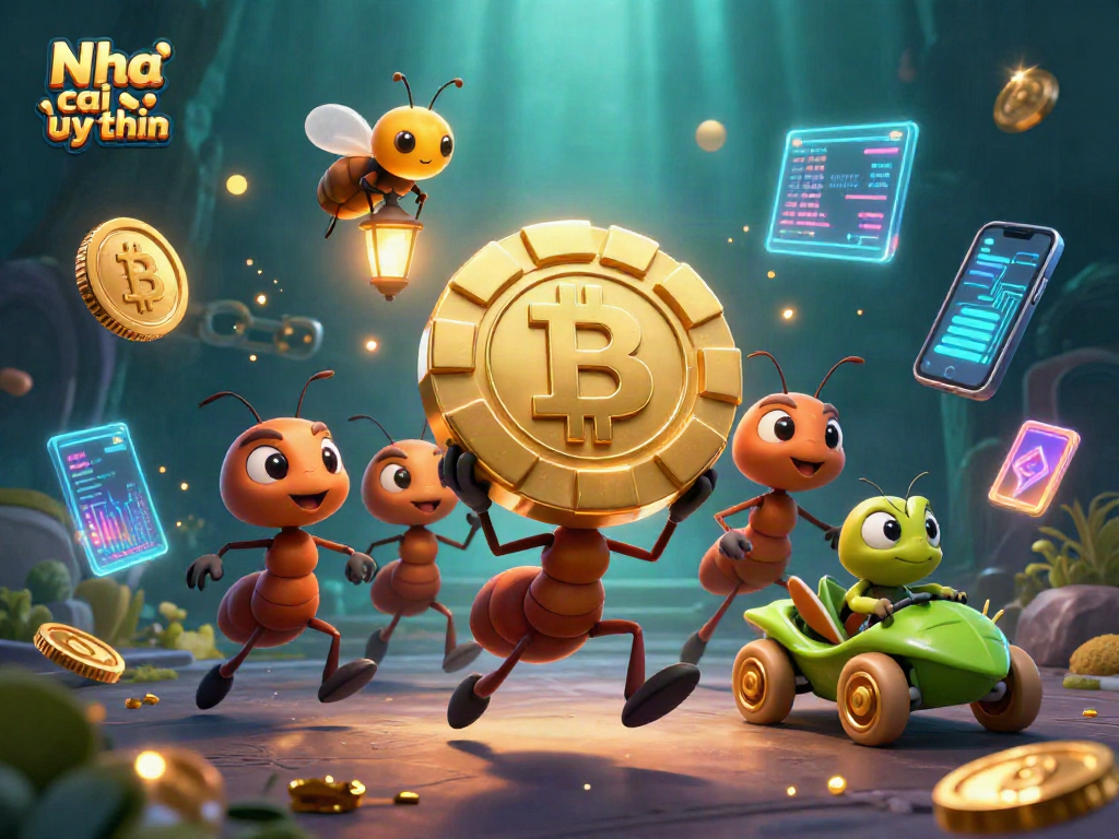 Nha cai uy tin showcases animated ants carrying giant poker chip in a dynamic casino heist scene.
