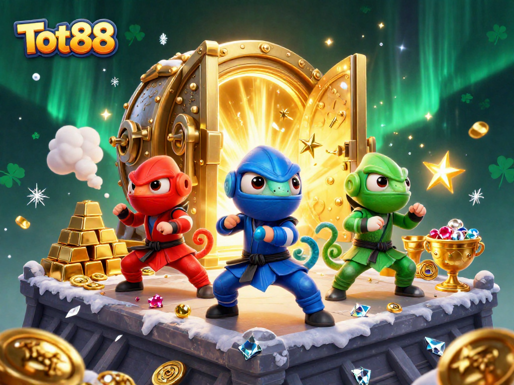 Experience thrilling action at Tot88 with chameleon ninjas surrounded by treasures.