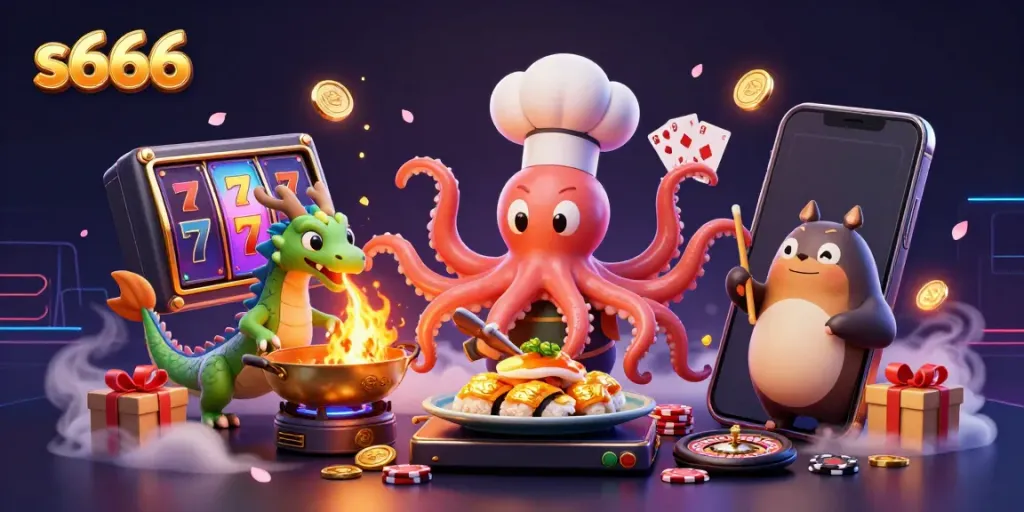 Experience thrilling moments with s666 as a sushi chef octopus prepares a jackpot dish amidst vibrant casino elements.