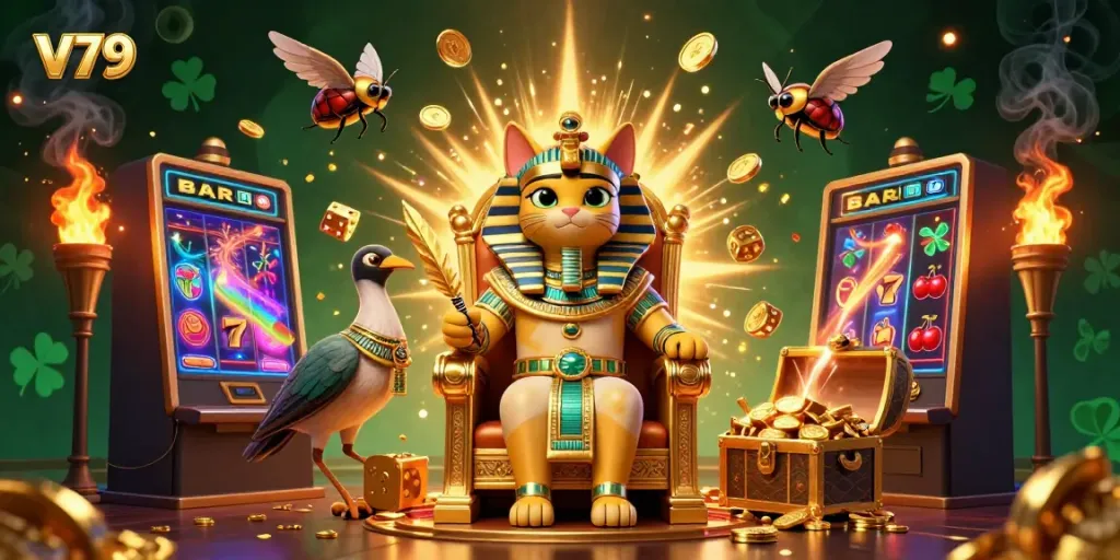 Experience the thrilling V79 gambling world with a 3D Egyptian pharaoh cat and vibrant slot machine action.