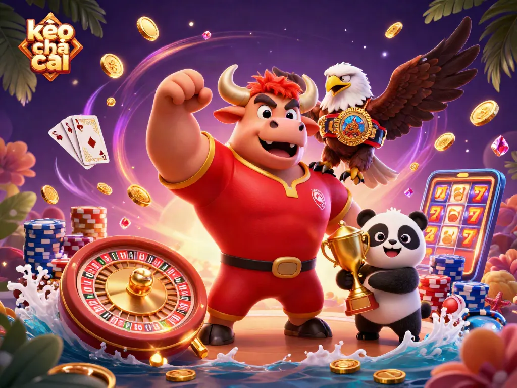 Engage with kèo nhà cái through a festive illustration featuring a victorious bull, an eagle, and a panda amidst casino elements.