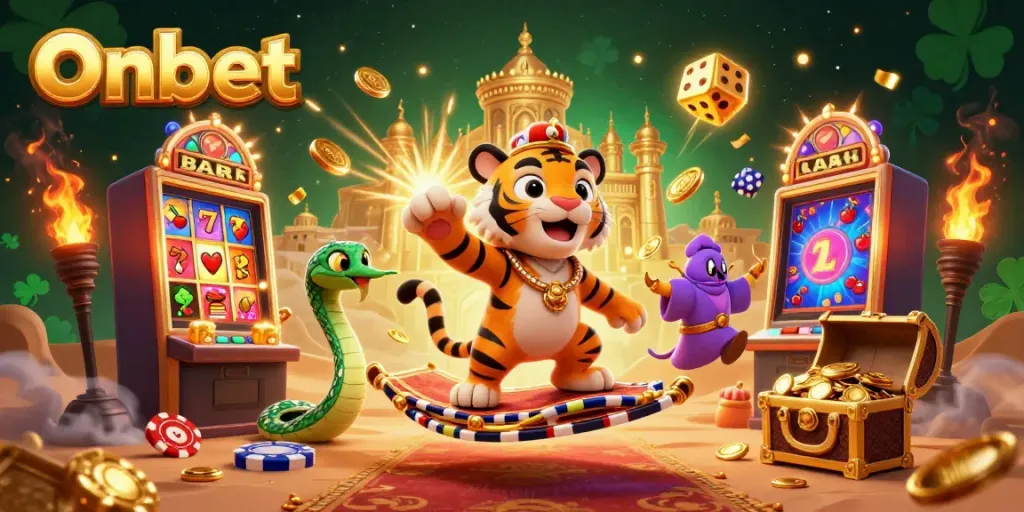 Experience the excitement of Onbet with a vibrant 3D illustration showcasing a jackpot spree, rich themes, and dynamic casino elements.