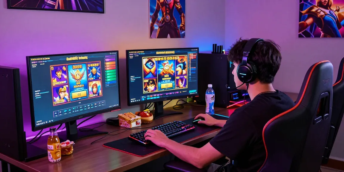 Engaged player enjoying bandar slot games on multiple screens with colorful gaming accessories and ambient lighting.