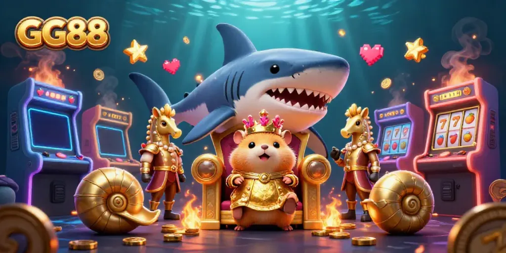 Join the GG88 golden hamster king in a vibrant casino scene filled with dynamic gaming elements.