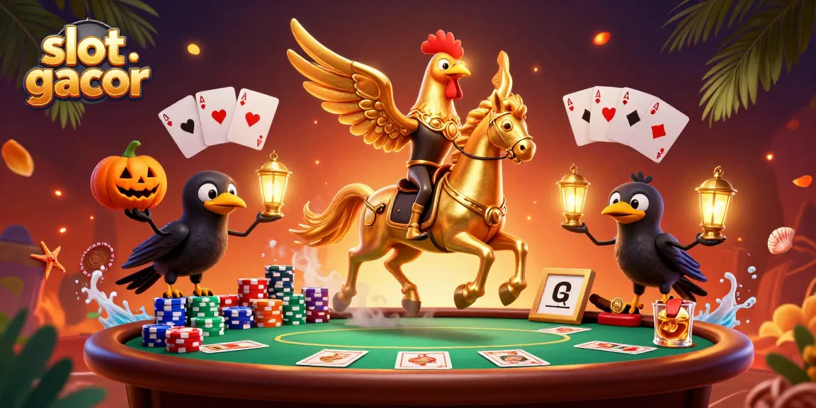 Gambar slot gacor dengan ayam jantan emas dan karakter kasino di malam hari