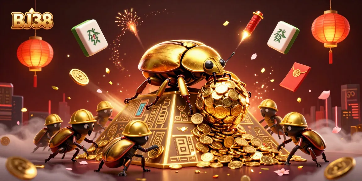 Experience thrilling action with BJ38 as golden beetles roll coins to fortune surrounded by casino symbols.