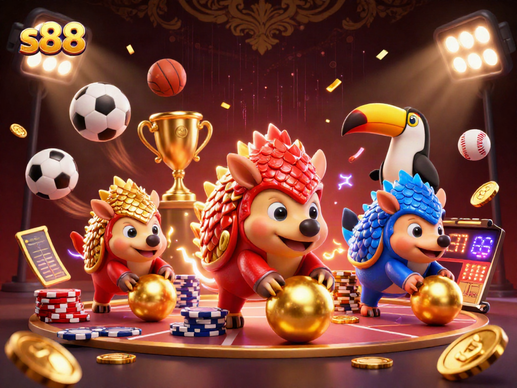 s88 pangolins compete in a casino-inspired bowling showdown with poker chips and sports balls.