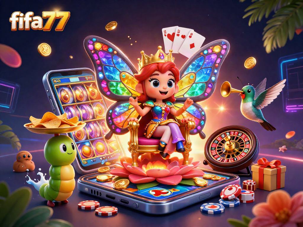 Experience thrilling gameplay with fifa777 in a vibrant, animated casino scene featuring a butterfly queen.