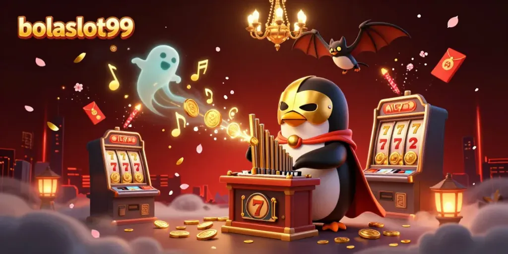 Experience exciting wins with bolaslot99 in a vibrant, dynamic casino scene of playful characters.