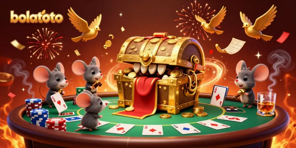 Experience the thrill of bolatoto with a dynamic treasure scene featuring a treasure chest, poker elements, and celebration