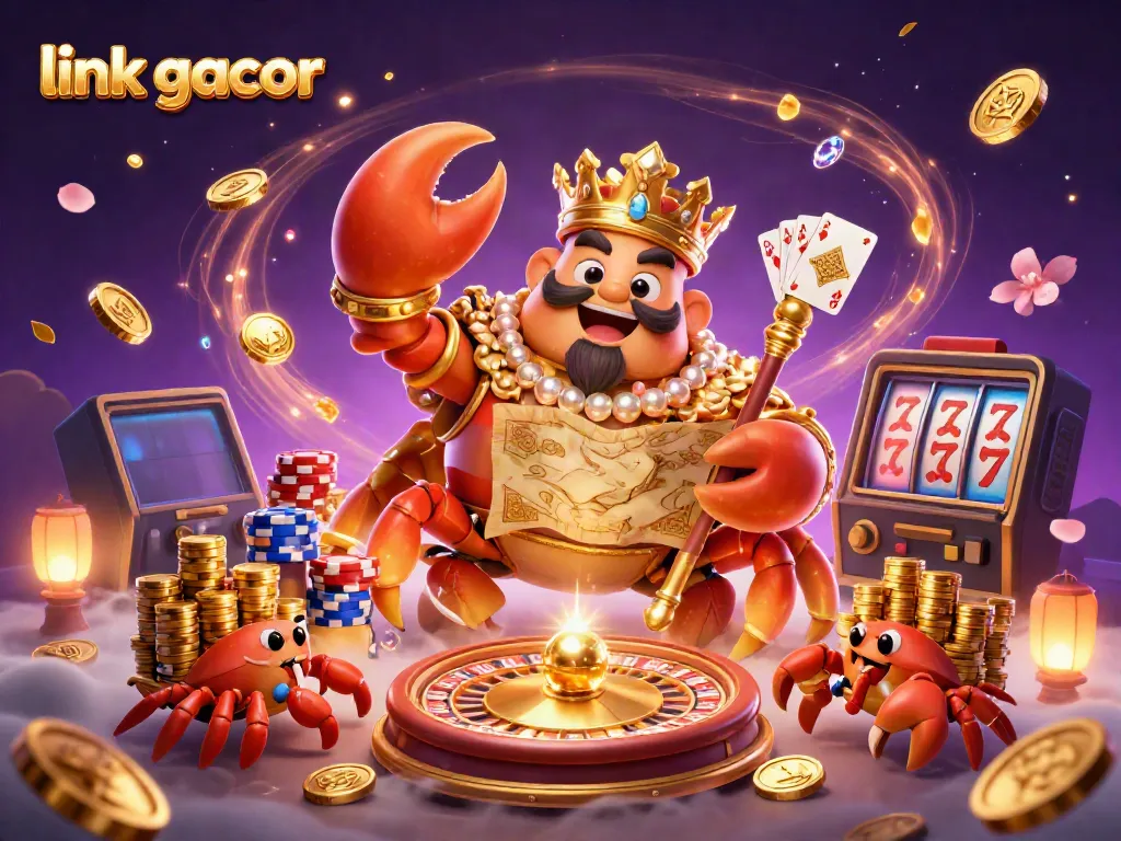 Experience the excitement of link gacor with a vibrant 3D illustration of a golden crab emperor and gambling elements.