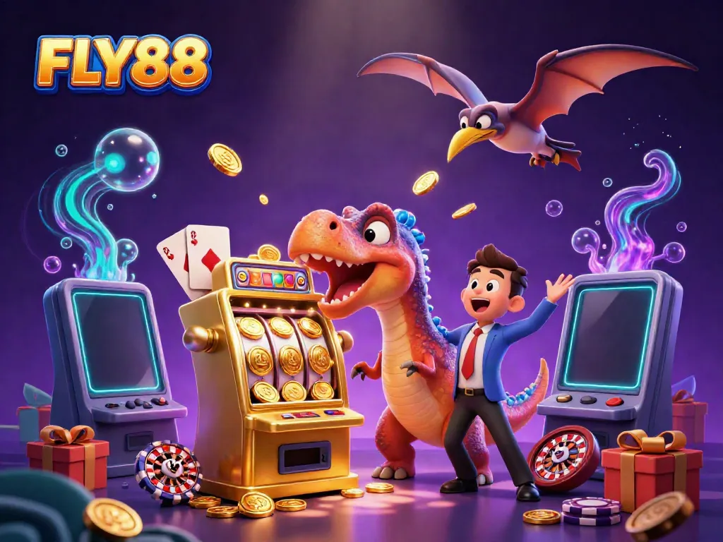 FLY88 pachycephalosaurus hits slot machine, with coins flying in a vibrant casino scene