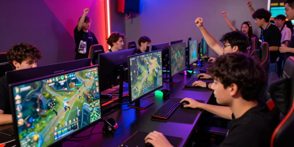 Juraganbola gamers engaged in thrilling eSports competition with vibrant lighting and cheering crowd.