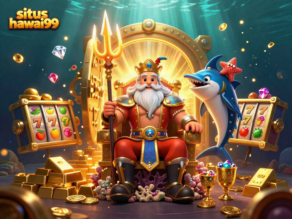 Experience excitement with situs hawai99, featuring Neptune and dazzling slot reels in a vibrant scene.