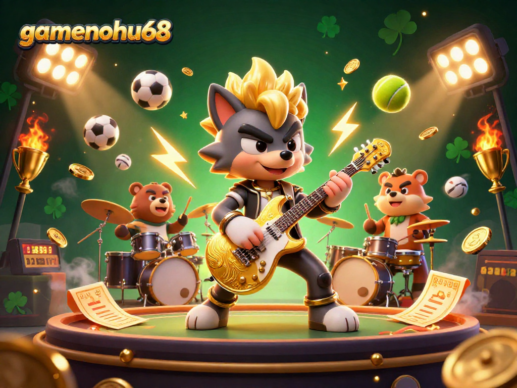 Engage with gamenohu68 at a lively casino with a rock star wolf and bear drummer.