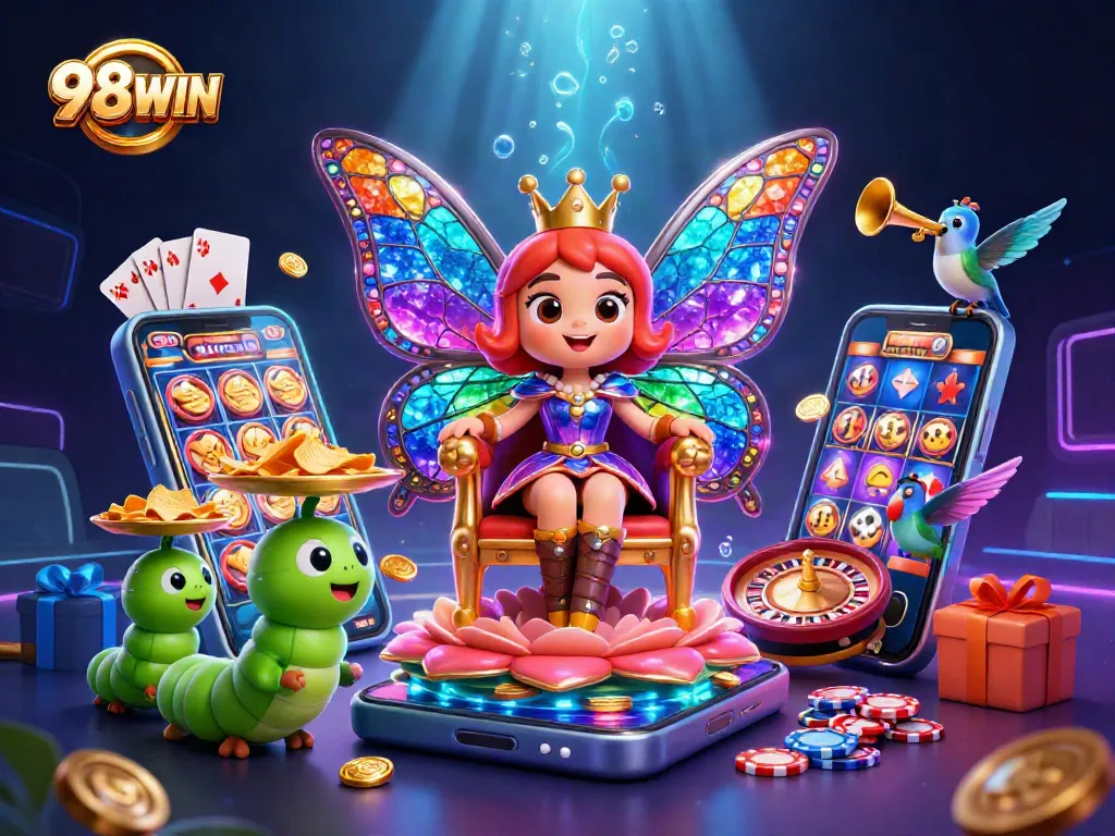 Experience the excitement of 98WIN casino with a whimsical 3D illustration featuring games, vibrant colors, and engaging characters.