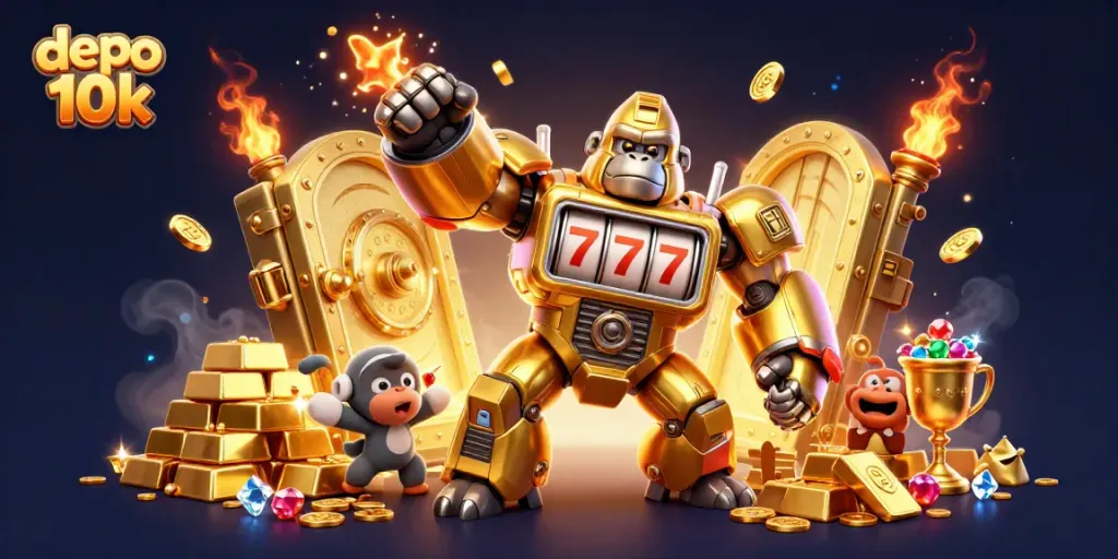 Spin to win with depo 10k in a vibrant 3D golden gorilla mech slot scene.