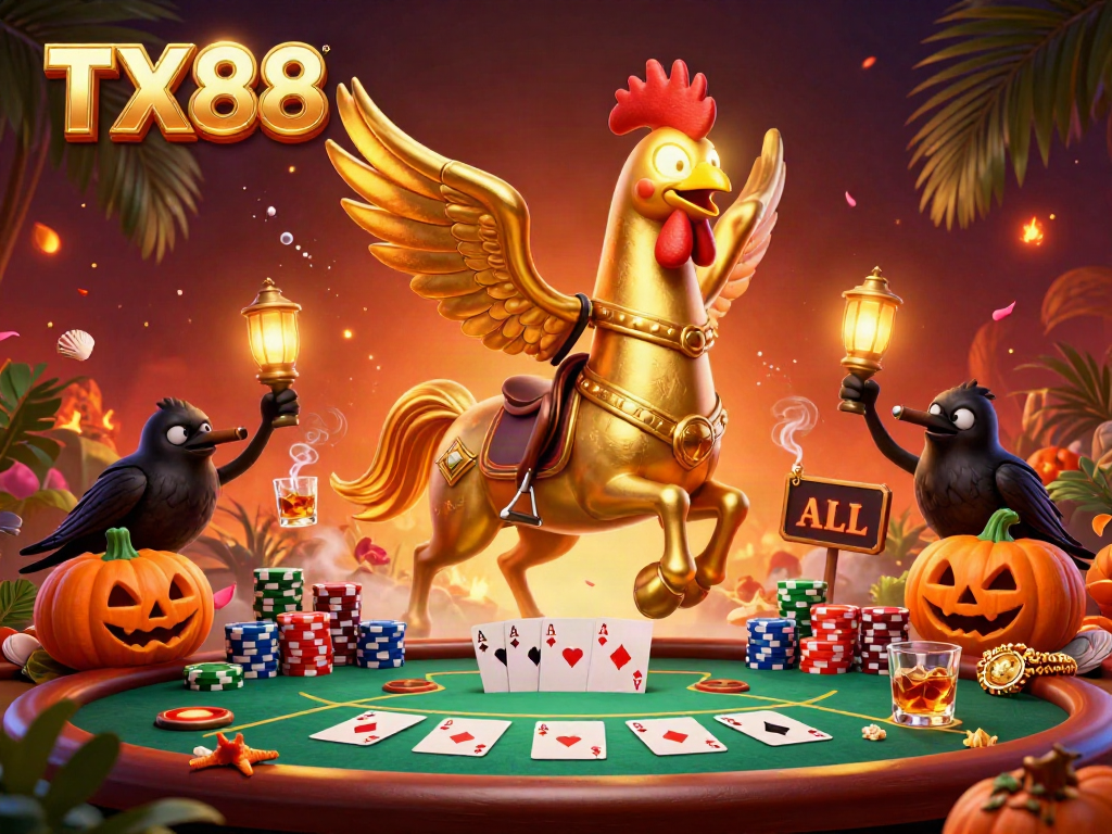 TX88 golden rooster headless horseman illustration in a vibrant casino setting, surrounded by gambling elements.