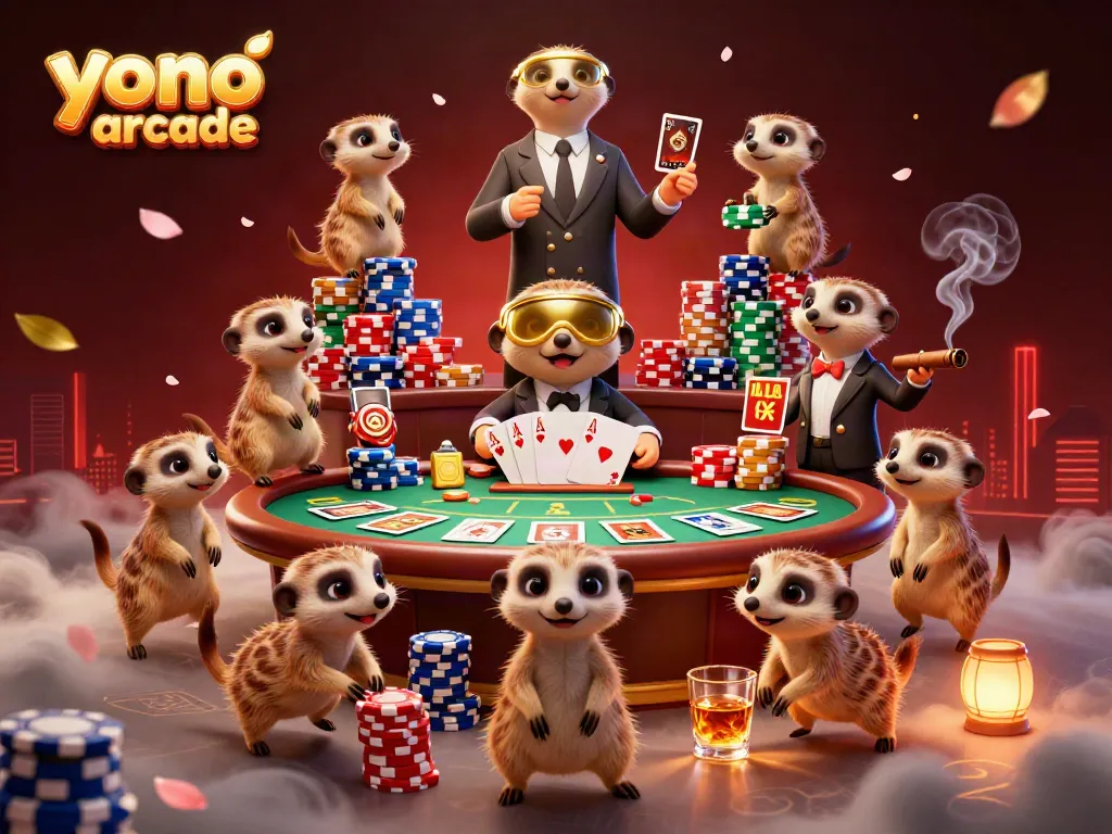 Experience thrilling gameplay at yono arcade with meerkat dealers and vibrant poker elements.