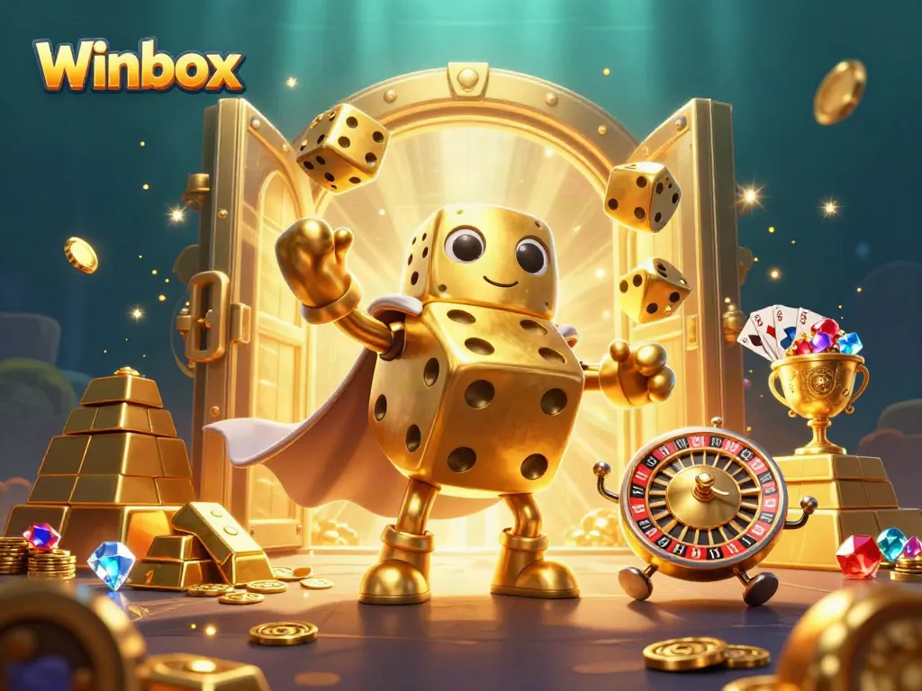 Engage with the thrilling world of Winbox as a golden dice golem juggles winnings in a vibrant casino scene.
