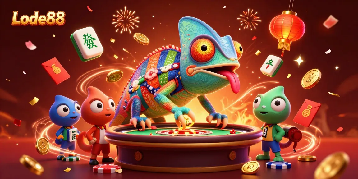 Lode88 casino scene featuring a colorful chameleon and festive gambling elements with dynamic energy.