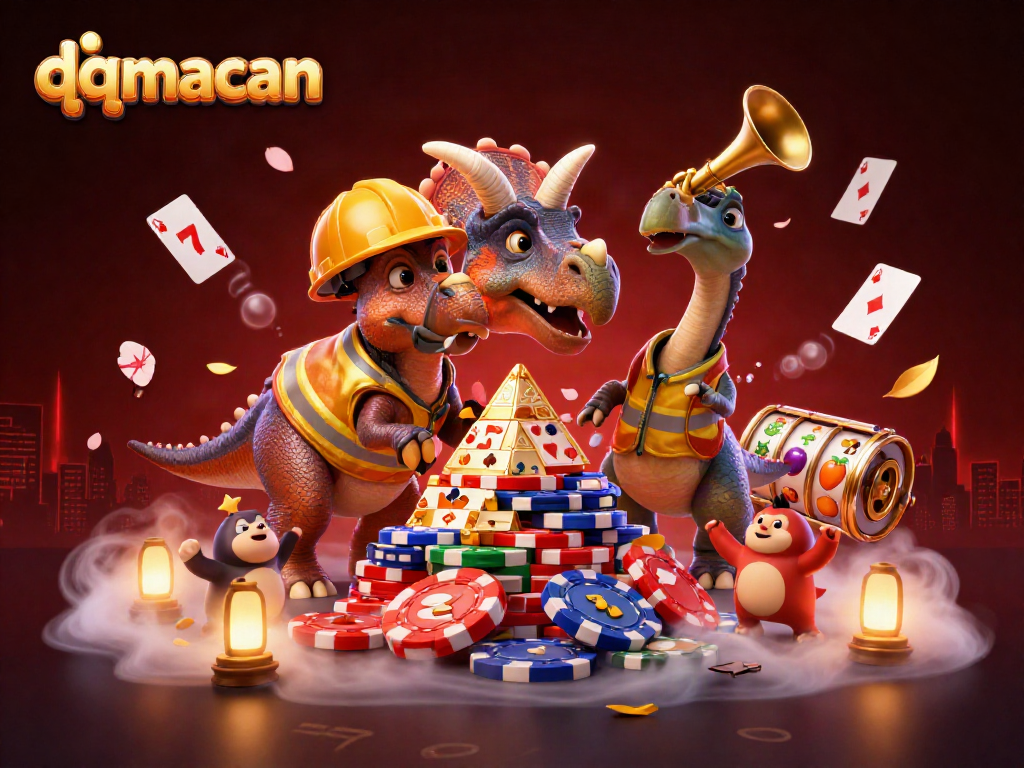 Engage with the exciting world of qqmacan, featuring a vibrant scene with a triceratops building a poker chip pyramid.