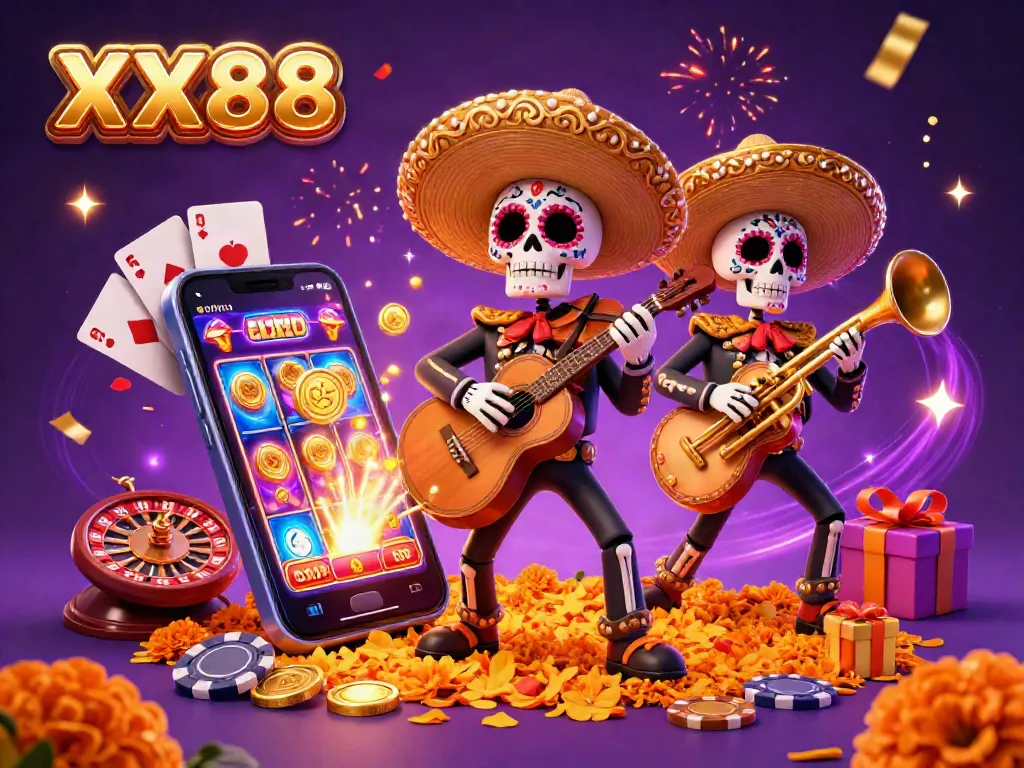 Experience thrilling gaming with XX88 as colorful mariachi skeletons play in a vibrant casino scene.