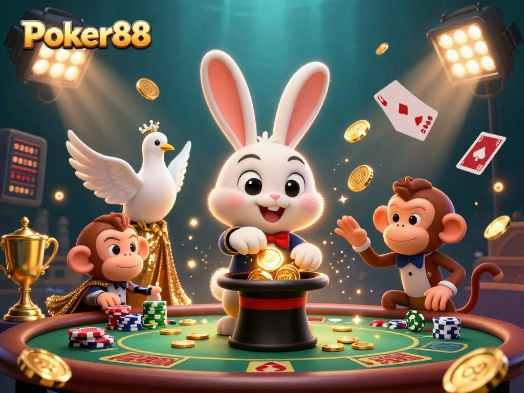 Experience the excitement of Poker88 with a magician rabbit and friends in this vibrant casino scene.