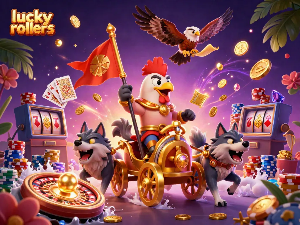 Experience the thrill of lucky rollers with a vibrant casino scene featuring dynamic characters and classic gaming elements.