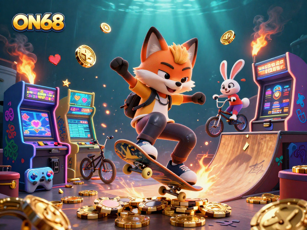 Experience exciting gambling adventures at ON68 with a vibrant 3D casino-themed illustration.