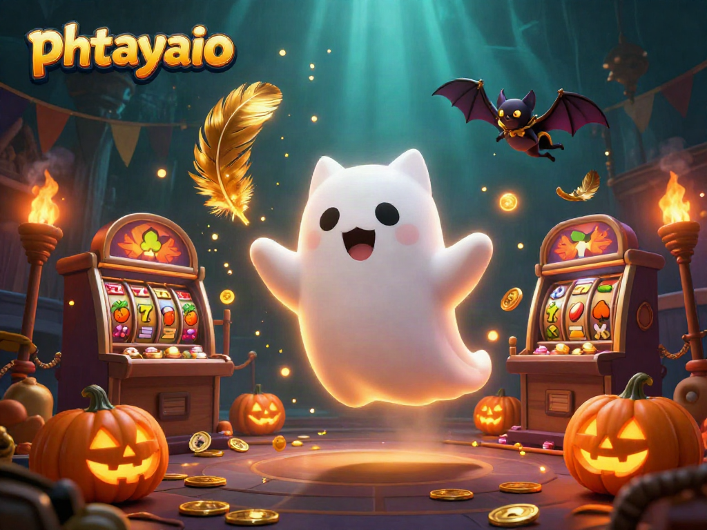 Phtayaio casino scene showcasing a ghost cat, a vampire bat, and glowing jack-o-lanterns, with dynamic slot elements.