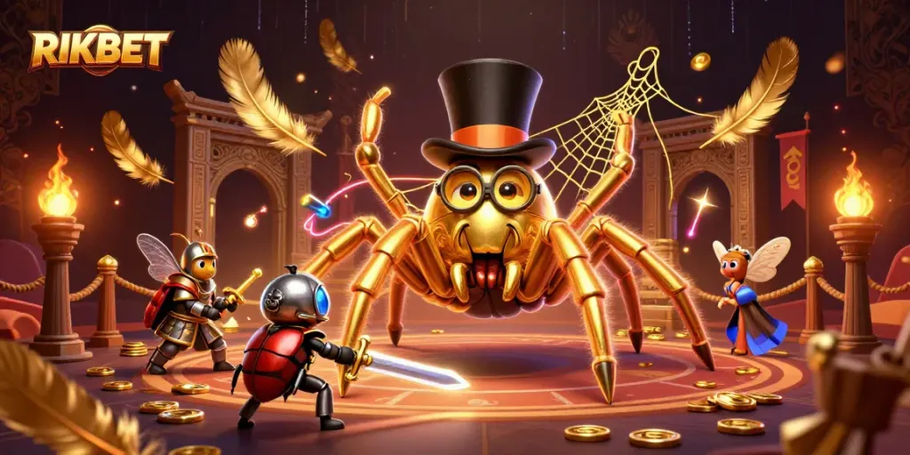 Join the adventure at RIKBET with a brave knight and a golden tarantula in this vibrant casino-themed illustration.