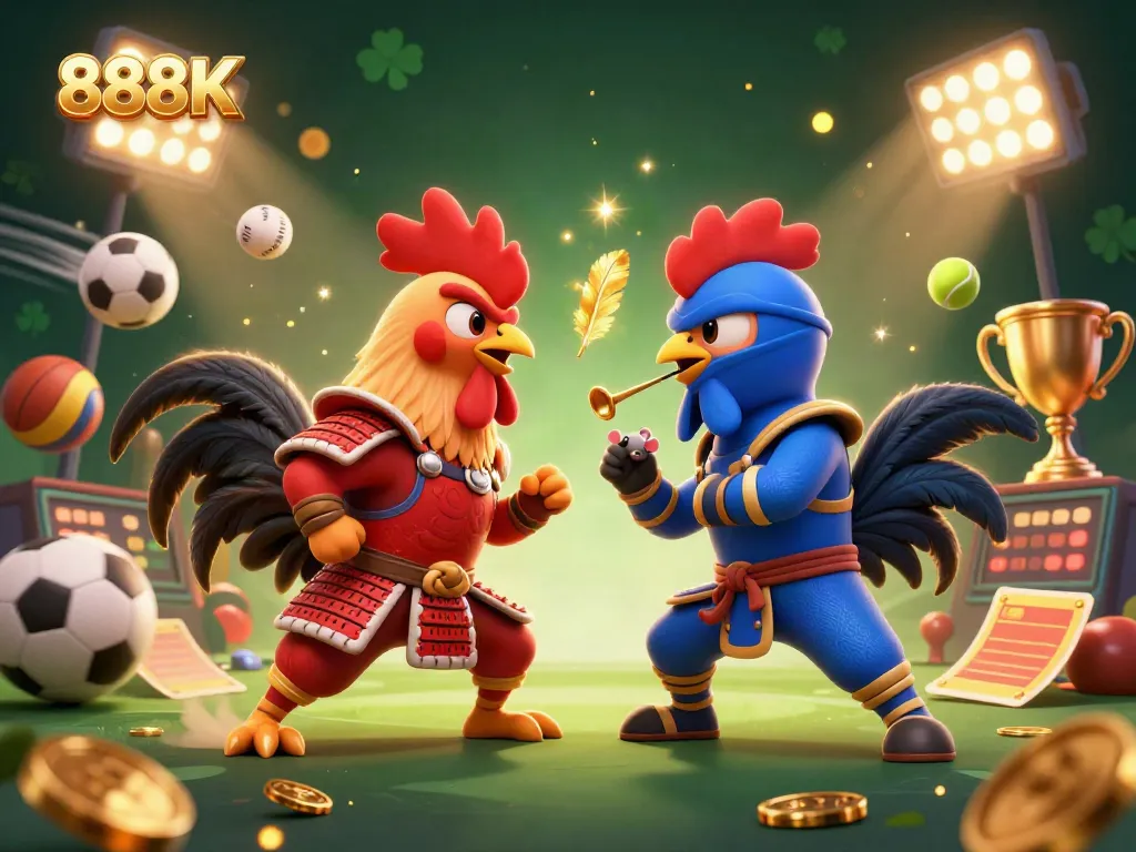 Engage in thrilling competitions at 888K with cartoon roosters battling in a vibrant casino scene.