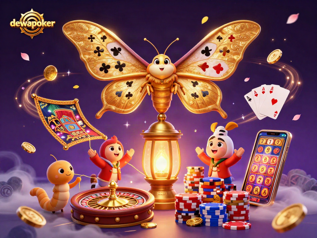 Dewapoker showcases vibrant casino energy with 3D moth and golden coins encapsulating exhilarating gaming action.