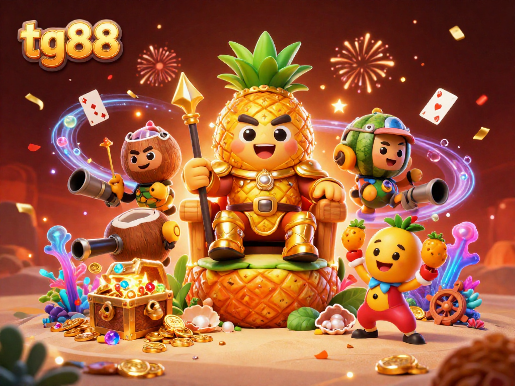 Experience the thrill of tg88 casino with a vibrant golden pineapple king illustration in a dynamic gaming scene.