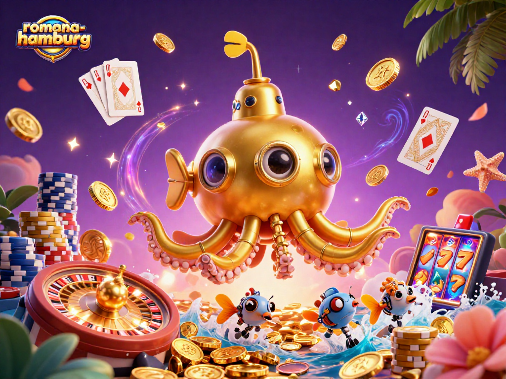 Experience the thrill at romana-hamburg with a 3D kraken emerging from golden coins in a vibrant casino scene.